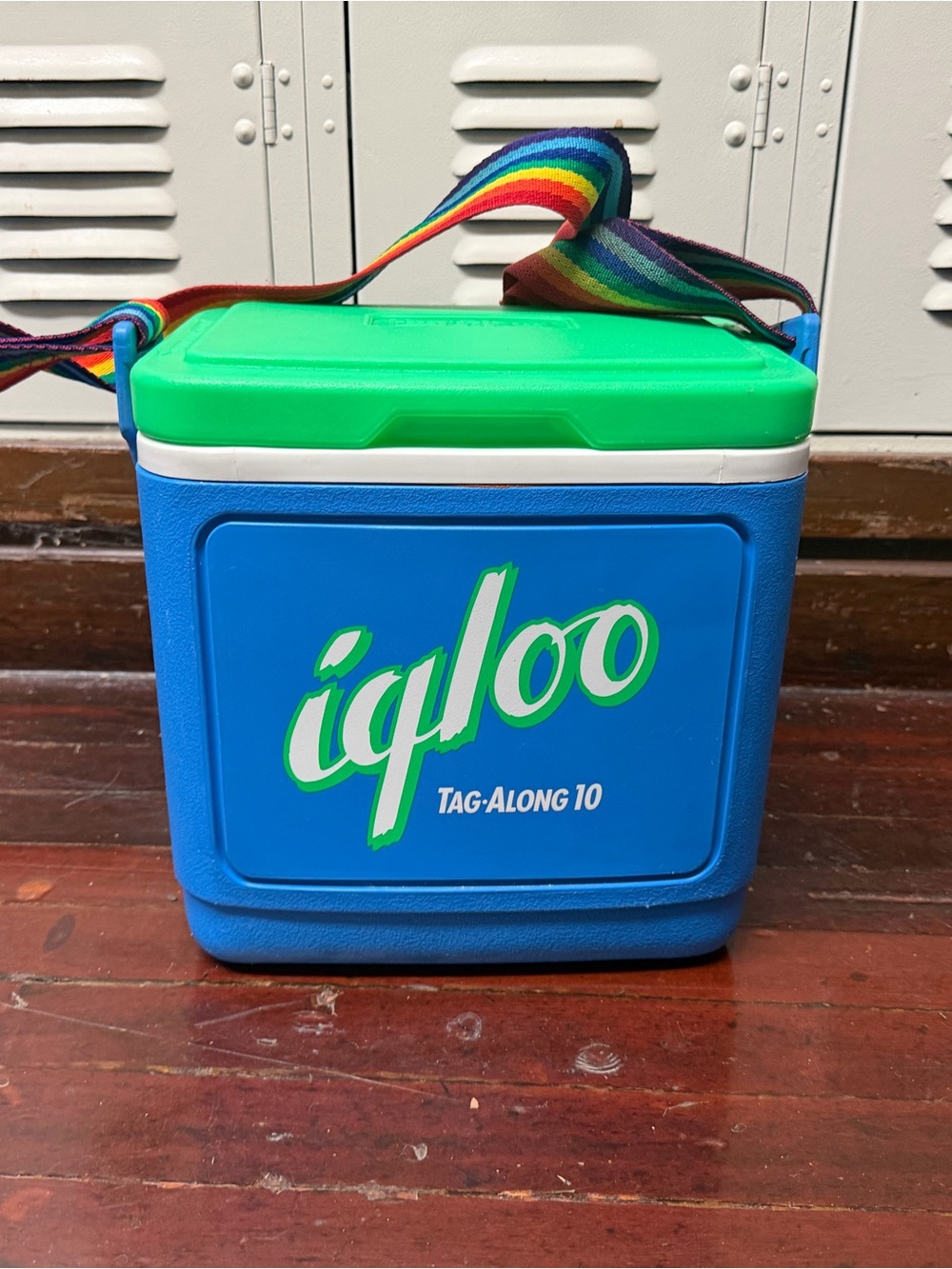Vintage Igloo tag along 10 Blue Cooler with Green Lid and Rainbow Strap